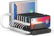 Alxum 60W 10-Port Charging Station, Phone Charging Station for Multiple Devices with Adjustable Dividers for Phones, Tablets, and Other Electronics