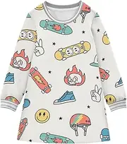 [GAIGEO] Dresses for Toddler Girls Cute Ducks Blue, Long Sleeve Dresses for Girls A-Line 2T, Winter Thick Fabric, Cute Fun Skateboard Cream, 7-8 Years
