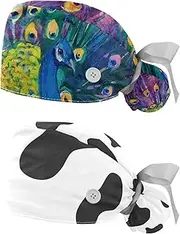 [WOSHJIUK] Working Hat 2 Pack Scrub Caps for Women,Animal Colorful Peacock Art Painting,Tie Back Cap Adjustable Scrub Hat