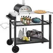 Kendane Grill Cart Table with Three Shelf, Movable Outdoor Dining Cart Pizza Oven Stand with Three Hooks, Kitchen Cart Island Multifunction Food Prep Table (Sliver)