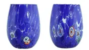 Pair of Murano Glassess Drinking Art Tumbler Blue Multi Millefiori