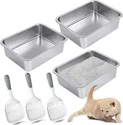 3 Pack Stainless Steel Cat Litter Box with 3 Pcs Cat Litter Scoop Large Cat Litter Box Metal Litter Scoops for Indoor Kitten, Small Medium, Large, Rustproof, Non Stick Smooth Surface, Easy to Clean