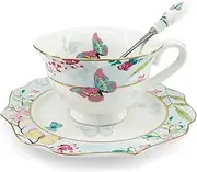 Krysclove Vintage Butterfly Bone China Teacup with Lid Spoon and Saucer Set, Delicate Royal Bone China Coffee Mug Ceramic Tea Cups (Blue)