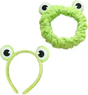 Funny Frog Headband, Makeup Headband, Frog Eye Elastic Headband Cute Frog Headband for Face Washing Frog Head Wrap Green Funny Hair Band Elastic Turban Headbands (A+B)