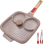 RANX INGST Ceramic Egg Pan with Lid, 10” Nonstick 3 Section Divided Grill Pan with Detachable Handle, Fried Egg Pan Omelette Pan for Breakfast - Brown