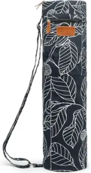 Canvas Yoga Mat Bag with Adjustable Strap & Pockets, Medium, Navy Blue Leaf