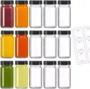15 Pack 2 Oz Glass Shot Mini Bottles W/ Black Lids & 15 Labels - Small Clear Jar
