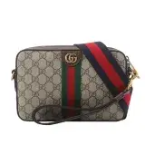 【GUCCI】Ophidia GG Supreme 帆布綠紅織帶拉鍊斜背包(米色/烏木色)_展示品