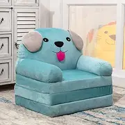 Homodoskey Plush Foldable Kids Sofa, Children Couch Backrest Armchair Bed with Pocket and Handle, Upholstered 2 in 1 Flip Open Infant Baby Seat for Living Room Bedroom (Glacial Blue, Dog)