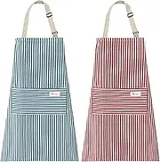2 Packs Adjustable Apron Bib, Kitchen Cooking Aprons with Big Pocket for Women Men, Chef, Kitchen, Home, Restaurant, Cafe, Cooking, Baking (Streak/Blue & Red)