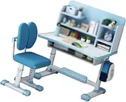 Kids Desk and Chair Set, Children Study Table,Children Study Desk with Bookshelf and Hook, for Home School Kids Writing Reading Drawing Studying(Blue)