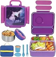 UHAPEER Bento Box for Kids & Adults, Insulated Leak-Proof Lunch Box with Insulated Food Jar for Hot Food, 4-Compartments Lunch Container with Cutlery and Snack Box for School Outdoors Office (Purple)
