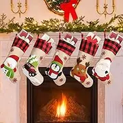 Christmas Stockings Set of 5, Large 18’’ Xmas Stockings Fireplace Hanging Stockings with Plush Cuff, Santa Snowman Reindeer Elf for Holiday Decor,Christmas Tree Decoration (Buffalo Plaid Cuff)