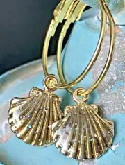 Iridescent Tawny Gray Shell and Gold Hoop Earrings. Beach. Ocean. Tropical