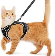 Escape-Proof Cat Harness and Leash Set, Adjustable Reflective Vest with AirTag Holder (Black)