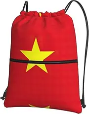 EdWal Vietnamese Flag Print Drawstring Backpack Gym Bags Sports Bags With Zipper Pocket For Travel Swimming Beach, Black, One Size