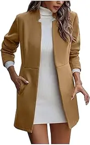 [fartey] Trench Coat for Women Winter Mid Length Overcoat Notch Collar Open Front Wool Pea Coat Outerwear With Pockets