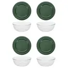 Pyrex (4) 7404 4.5qt Sculpted Glass Bowls and (4) 7404-PC 4.5qt Thyme Green Lids