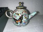 Vtg KELVIN CHEN 1999 Miniature Enamel Copper Teapot Butterfly And Insects