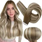 Full Shine Balayage Tape in Hair Extensions Real Human Hair 20 Inch Tape in Extensions Chestnut Brown Ombre to Platinum Blonde Highlighted Brown Adhesive PU Tape in 20pcs Thick End PU Skin Weft 50g
