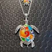 Turtle Necklace and Earring Set 5 Multicolored 18K White Gold Plated