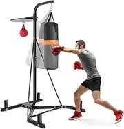 Costway Heavy Bag Stand, Heavy Duty Sandbag Rack with Heavy Bag & Adjustable Speed Bag, Sturdy Steel Construction, Free-Standing Punching Bag Boxing Stand for Home Gym Workout & Strength Training