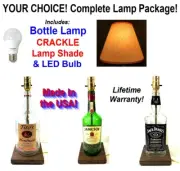 YOUR CHOICE of Liquor Bar Bottle Table LAMP with CRACKLE Shade & LED Light Bulb