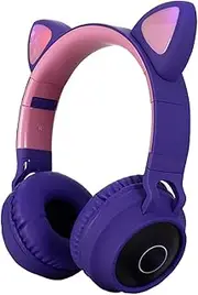 Wirel Bt Cat Ear Headphones with Mic Foldable Light Flashing Glowing On-Ear Stereo Headset Support Tf Card/Aux in Compatible with Phones Pc Tablet Purple Type 4
