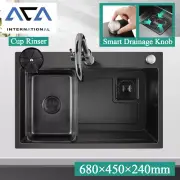 ACA 68x45cm Grey Black Smart Drainage Single Bowl Kitchen Sink Glass Cup Rinser