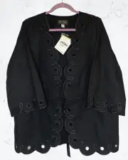 NWT Black BOB MACKIE Cotton Scalloped Eyelet Front Tie Jacket Cardigan Size 1X