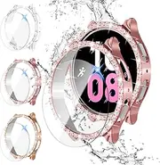 3+3Pack Screen Protector for Galaxy Watch 5/4 44mm, Bling Diamond Case, Hard PC Cover Bumper & Anti-Fog Tempered Glass, 6 Pieces