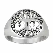 Signet Ring Sterling Silver Wicca Celtic Cut-Out Tree of Life Round - Silverly