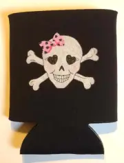 Skull Cross Bones with pink Bow can koozie black beer soda collapsible foam