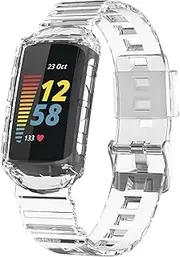 Chofit Case with Band Intended for Fitbit Charge 5/Charge 4/Charge 3, Shockproof Rugged Band Strap for Fitbit Charge 5 with Bumper Case Cover Men Women (Clear)