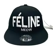 “Feline Meow” Flat Bill Snap Back Ball Cap Black Hat White Lettering Adjustable