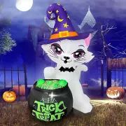 5Ft Halloween Inflatables Cat with Witch Cauldron Decoration, Blow up Yard Decor