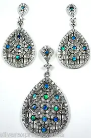 Blue Fire Opal Inlay and White Topaz 925 Sterling Silver Pendant & Earrings set