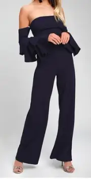 LULUs Vivacious Navy Blue Off-the-Shoulder Flounce Sleeve Jumpsuit S