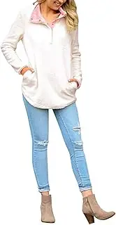 [BESBOMIG] Shearling Sweatshirts Jacket Women Sherpa Pullover High Neck Coat - Teddy Bear Shaggy Jackets 1/4 Button Lapel Oversize Soft Winter Tops White