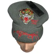 Ed Hardy Tiger Embroidered Knit Beanie Hat Gray Unisex One Size NWT