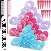 51 Pcs Self Grip Hair Rollers with Clips, Rat Tail Combs and Braiding Hair Tool, 3 Sizes Heatless Hair Curlers Velcro Rollers