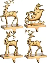 Reinddeer Christmas Stocking Hangers for Mantel Set of 4,Christmas Stocking Holders for Fireplace,Xmas Mantel Hooks Hanger for Christmas Stocking Ornament Hanging Clip Christmas Decor (Antique Gold)