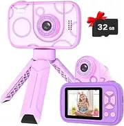 Kids Camera with Flip Lens & Tripod Stand, 1080P HD Digital Camera for Children, 32GB SD Card, 2.4" Screen, Selfie Mode - Boys Girls Ages 3-12 (Purple)