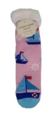 Sherpa Lined Non-Slip Women's Pink Sailor Theme Slipper Socks One Size Fits Most