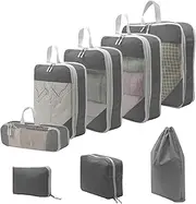 [LOFEE] 8 Pack Compression Packing Cubes for Travel, Lightweight Multi-size Compression Cubes, Travel Suitcase Luggage Organiser Bags for Clothes Shoe Toiletry Laundry Packing Organiser (Grey)