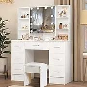 Umeiga Vanity Table, Large Makeup Vanity with Mirror and Lights, 7 Drawers 9 Cabinets Vanit Set with Soft Stool, Hollywod Vanity Table for Girls and Women