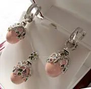SUPERB ENAMEL EGG PENDANT & EARRINGS SET SOLID STERLING SILVER 925 GENUINE CORAL