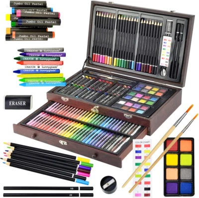 145 Piece Deluxe Art Set, Wooden Art Box & Drawing Kit with Crayons, Oil Pastels