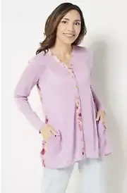 LOGO Lori Goldstein Sweaterknit Cardigan Printed Back Wisteria Large A504412 New
