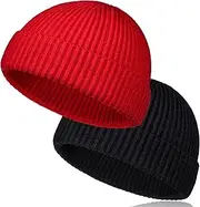 [TSKNOMO] 2 PCS Wool Short Fisherman Beanie for Men, Soft Knit Cuff Trawler Beanie Caps Winter Warm Hats for Women